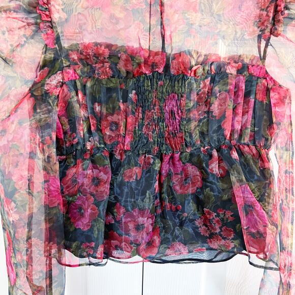 Zara Red Floral Organza Sheer Floral Frill Puff Sleeve Blouse * - Picture 11 of 11